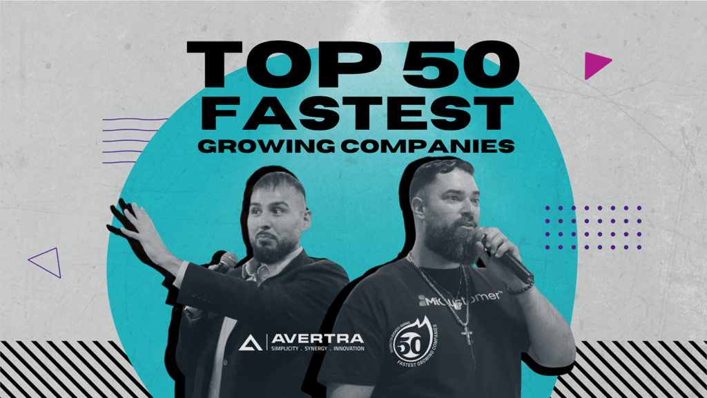 Graphic showcasing the 'Top 50 Fastest Growing Companies' with two prominent male figures in different poses, set against a dynamic backdrop of teal circles, diagonal stripes, and dotted patterns. Brand logos for 'Avertra' and '50 Fastest Growing Companies' are visible.