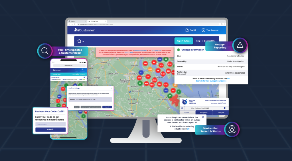 Screenshot of the MiCustomer platform, a utility service interface, featuring a map with real-time outage updates and customer relief options. The map displays various outage points with numbers indicating affected customers. There's a pop-up for reporting an outage, a section for outage information including size and cause, and a prompt for geolocation search. Additionally, a dialogue box offers a promo code for hotel discounts, emphasizing customer support during service disruptions.