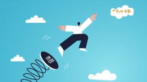 Against a vibrant blue sky with fluffy white clouds, a stylized illustration depicts a businessman in a dark suit launching himself upward from a bright red springboard labeled with the words "LOW CODE" in bold white letters, springing them towards digital transformation. The businessman, with arms outstretched and a determined expression, is mid-leap, his body angled towards a cloud shaped like a towering stack of gold coins. This visual metaphor represents the transformative power of low-code development in the financial services industry, enabling businesses to achieve significant financial gains and a strong return on investment (ROI) through accelerated digital transformation.