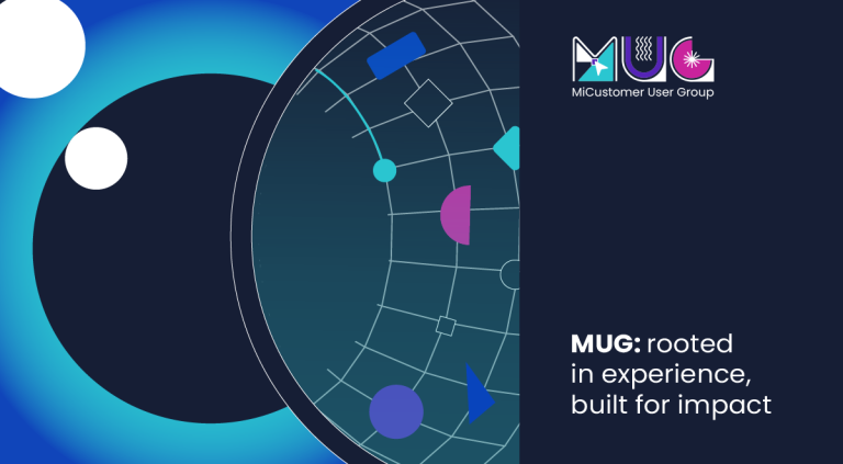 PR thumbnail for MiCustomer User Group (MUG) launch. The stylized graphic features a prominent, dark blue digital globe with a grid pattern, symbolizing interconnectedness. Scattered around and within the globe are various brightly colored geometric shapes (purple, magenta, light blue, teal), representing ideas, data, and diverse collaboration. The MUG logo is in the top right, above its full name, "MiCustomer User Group." A tagline in the bottom right reads "MUG: rooted in experience, built for impact." This image encapsulates human-centric innovation and the shaping of digital experience platform strategy.