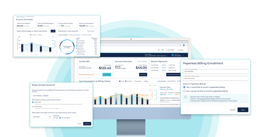 "A comprehensive utility self-service portal interface displayed on a desktop monitor, surrounded by detailed pop-up windows. The unified customer portal showcases an account summary dashboard with consumption trends, current and historical billing details, options for paperless billing enrollment, and features for sharing account access. This visual highlights a key outcome of digital transformation in utilities, designed to enhance Chesapeake Utilities customer service across its network, including its operations in Florida.