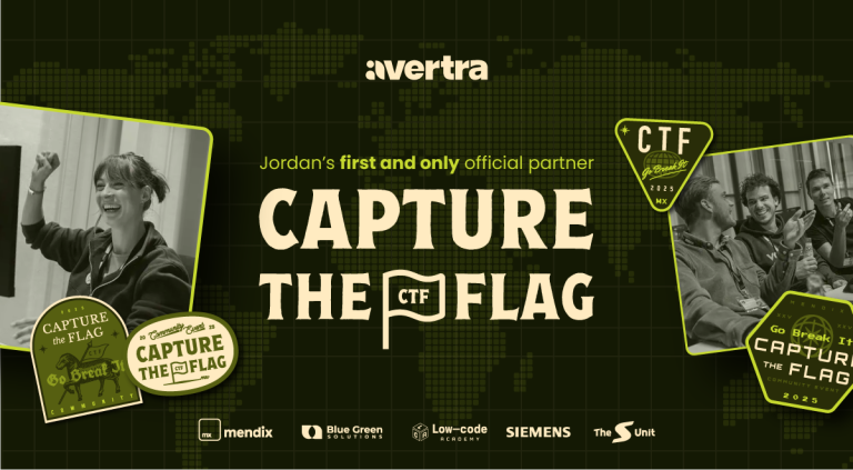 A highly detailed promotional banner for the Mendix Capture the Flag 2025 event, featuring the Avertra logo prominently at the top. The central design boldly announces 'CAPTURE THE FLAG' in yellow lettering against a dark, grid-patterned digital world map, with text highlighting 'Jordan's first and only official partner.' On the left, a black and white circular inset photo shows a triumphant woman with her arm raised, overlaid with a 'Go Break It' badge, symbolizing empowerment. On the right, another black and white circular inset displays a group of smiling male participants collaborating, with a 'Go Break It 2025' badge. The bottom of the banner features the logos of key partners including Mendix, Blue Green Solutions, Low-code Academy, Siemens, and The S-Unit. This visual promotes a low-code development competition and represents a significant Avertra Mendix event aimed at fostering Jordan tech talent empowerment and global participation for Mendix Capture the Flag 2025.