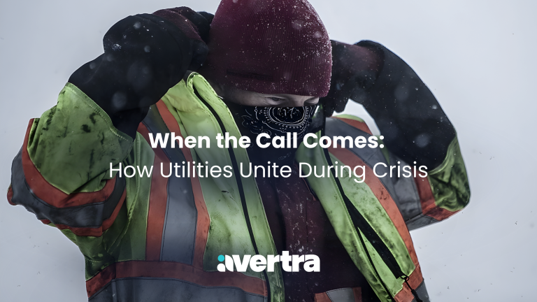 Utility lineworker pulling up face cover in freezing conditions, representing the 18,000 workers who mobilized during Winter Storm Fern to restore power and keep the outage map experience running for millions of customers